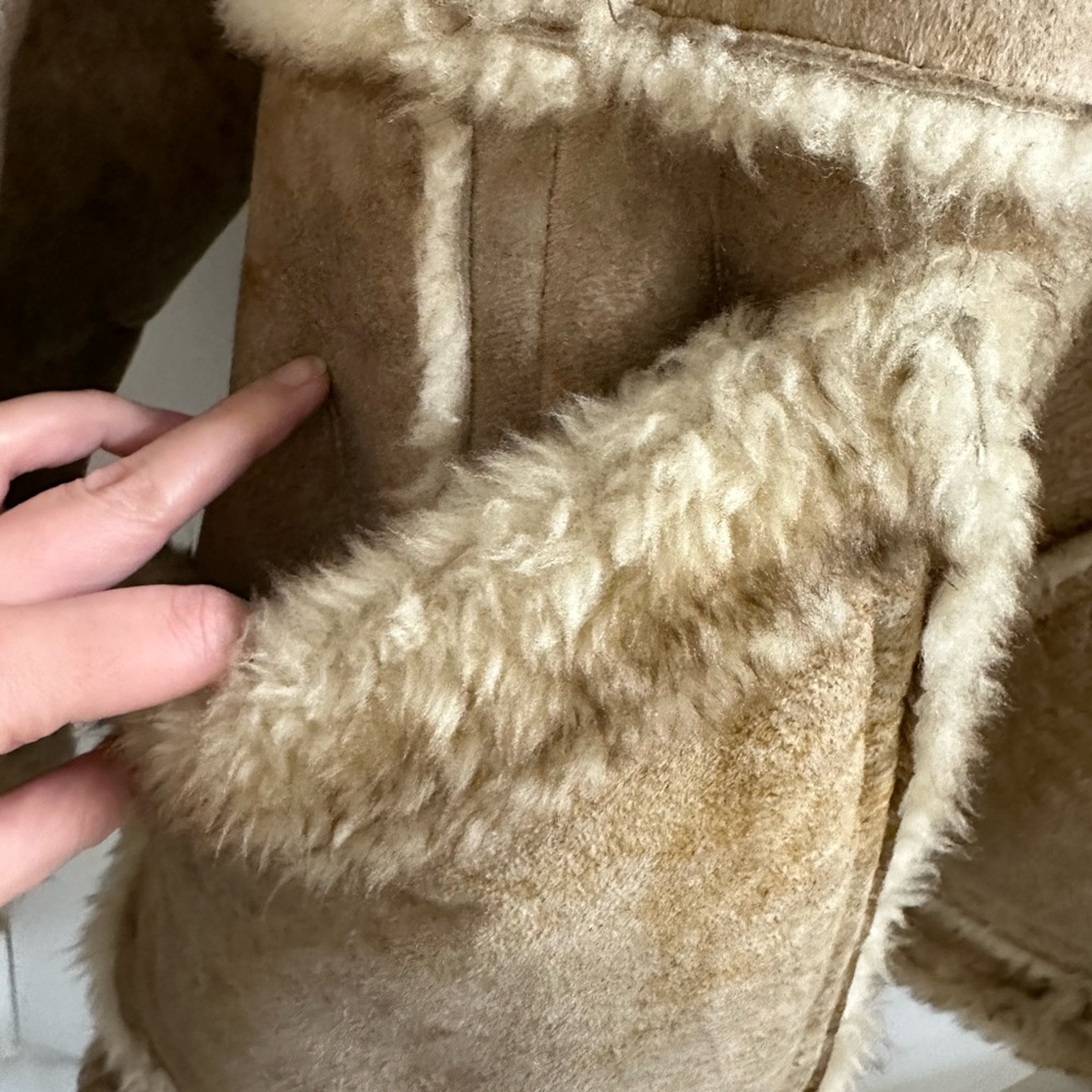 Tan Shearling Suede Coat with Fur Trim - Picture 3 of 7